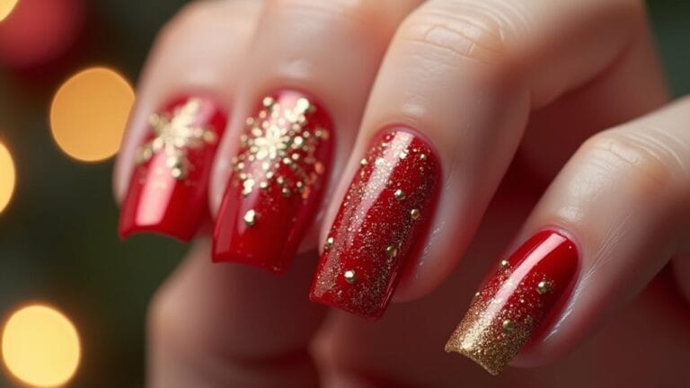 sparkling red and gold nails